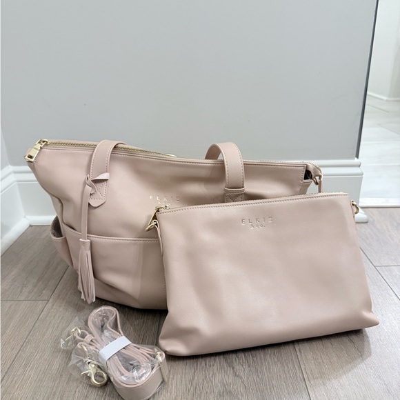Elkie & Co Aberdeen Blush Tote Diaper Bag w/ Strap, Pouch & Pinstripe Interior - Picture 4 of 10